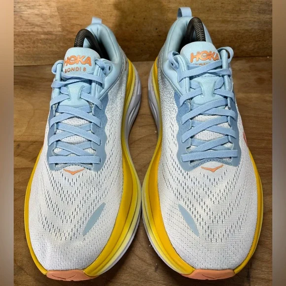 Hoka One One Bondi 8 REFLECTIVE Womens Sz 9.5 Running Shoes Sneakers Blue Yellow - Picture 4 of 13